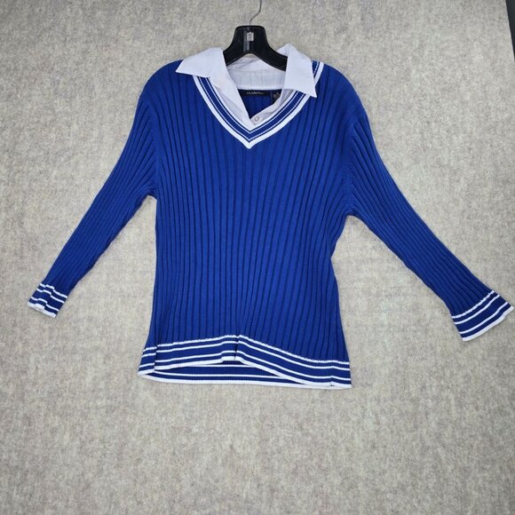 K.B. Collections Blue & White Ribbed Long Sleeve V-Neck Sweater XL - Picture 1 of 6